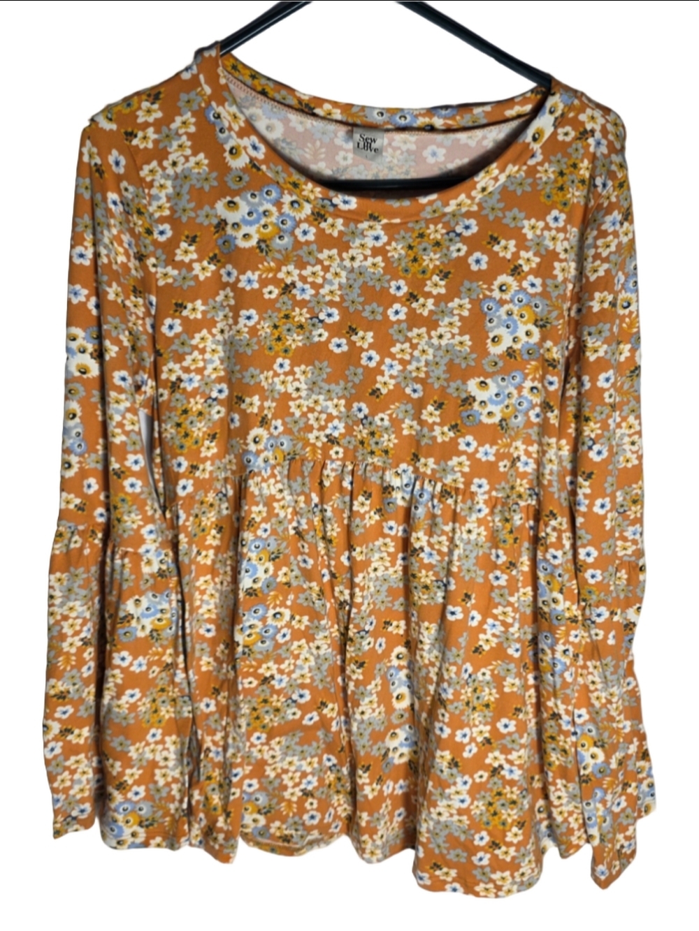 Women's Sew In Love Floral Long Sleeve Peplum Top, L, Orange/White fall 70's